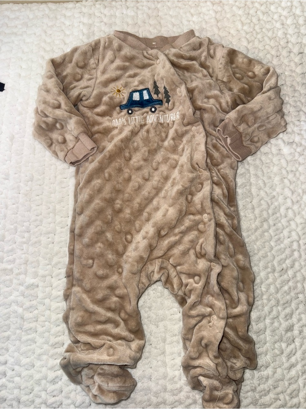 chick pea Beige Plush Footed One-Piece with Blue Car Embroidery